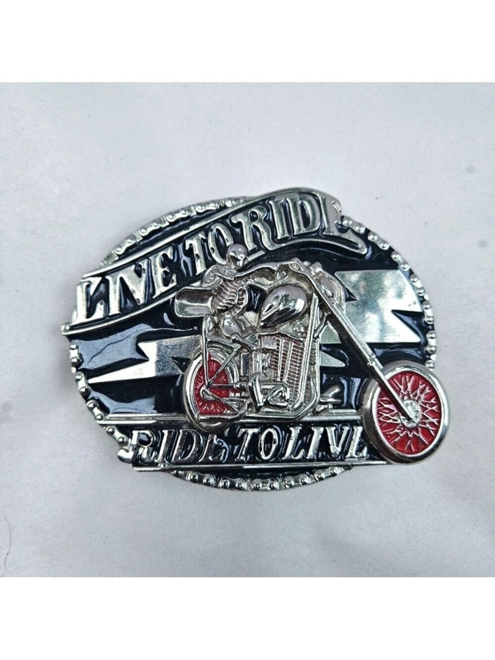 Unisex "Live To Ride - Ride To Live" Skelton Riding Motorcycle Belt Buckle